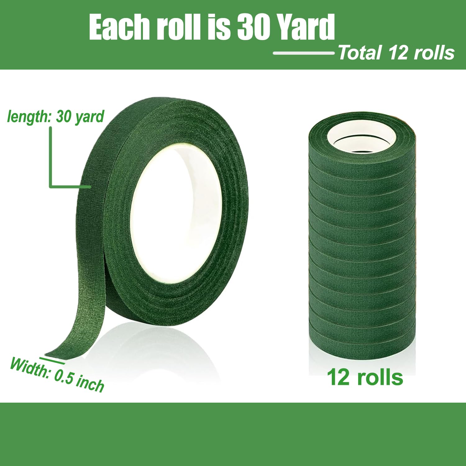 Floral Tape 0.5inch (Dark Green - Pack of 12)