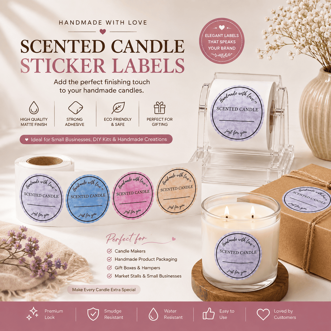 Scented Candle Label Sticker Roll – Handmade With Love Adhesive Labels - 1 - Furxotic