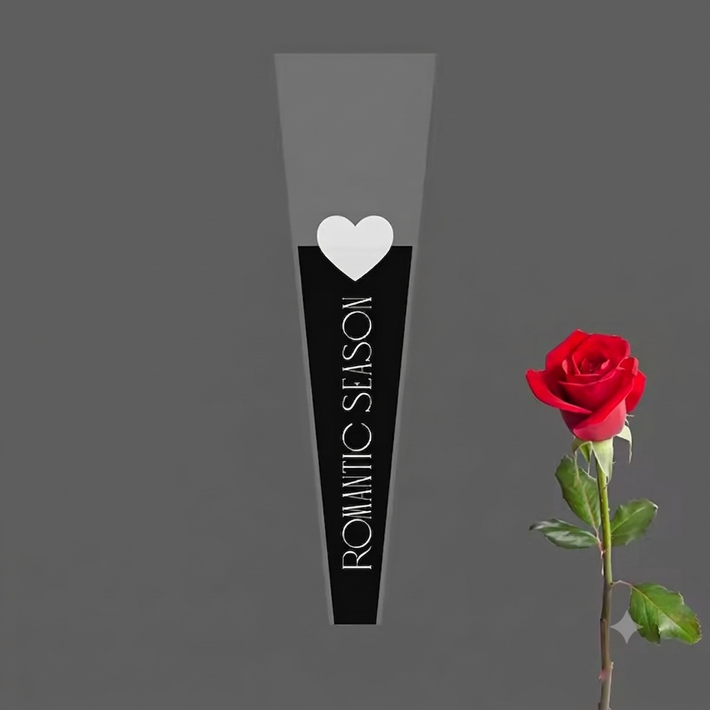 A black and gray tapered flower pot with a white heart and vertical text reading 'ROMANTIC SEASON,' shown beside a single red rose on a dark gray background.