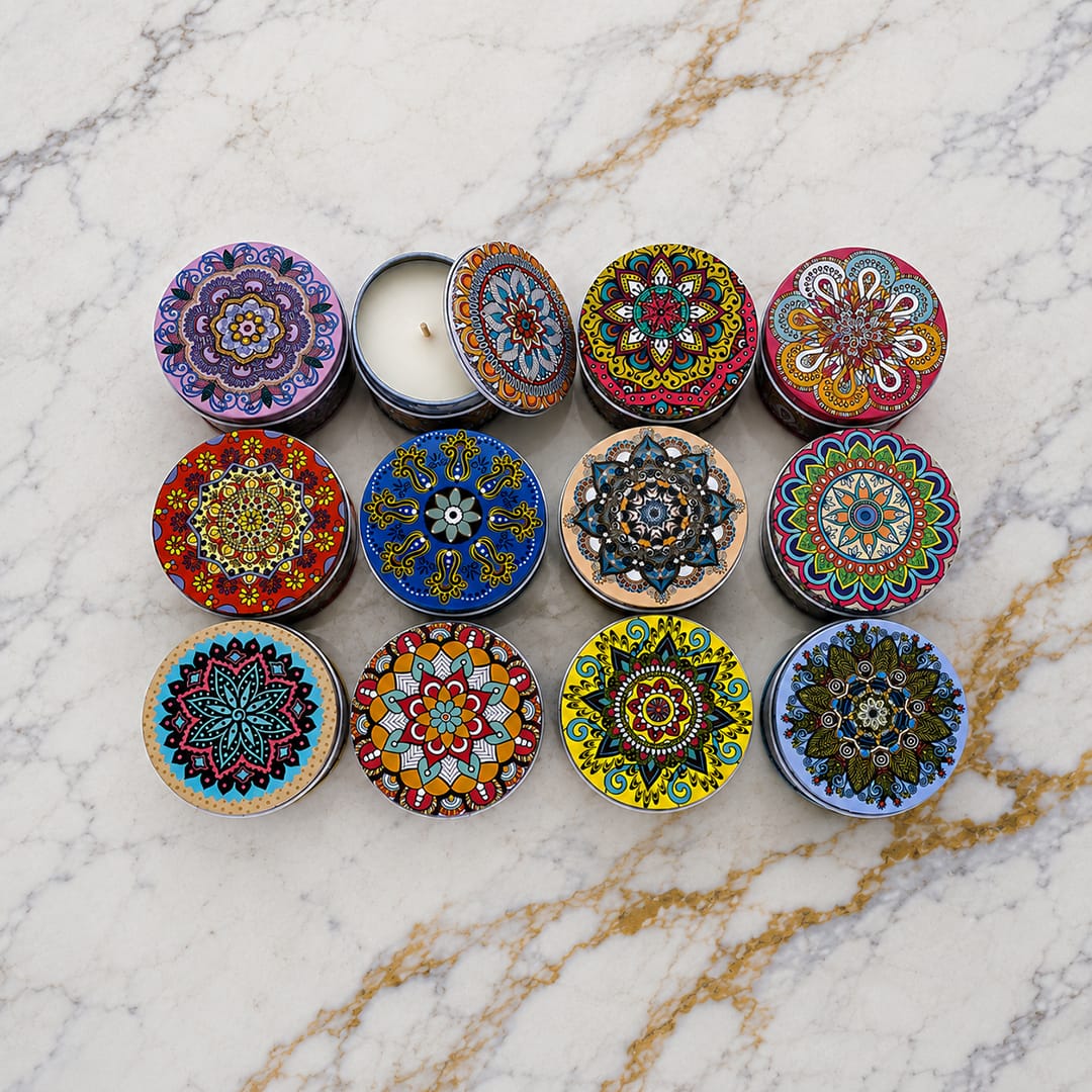 12 Pcs Round Mandala Art Tin Jar - 1 - Furxotic