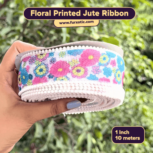 Floral Printed Jute Ribbon with Pearl Edge (1 Inch x 10 Metres)