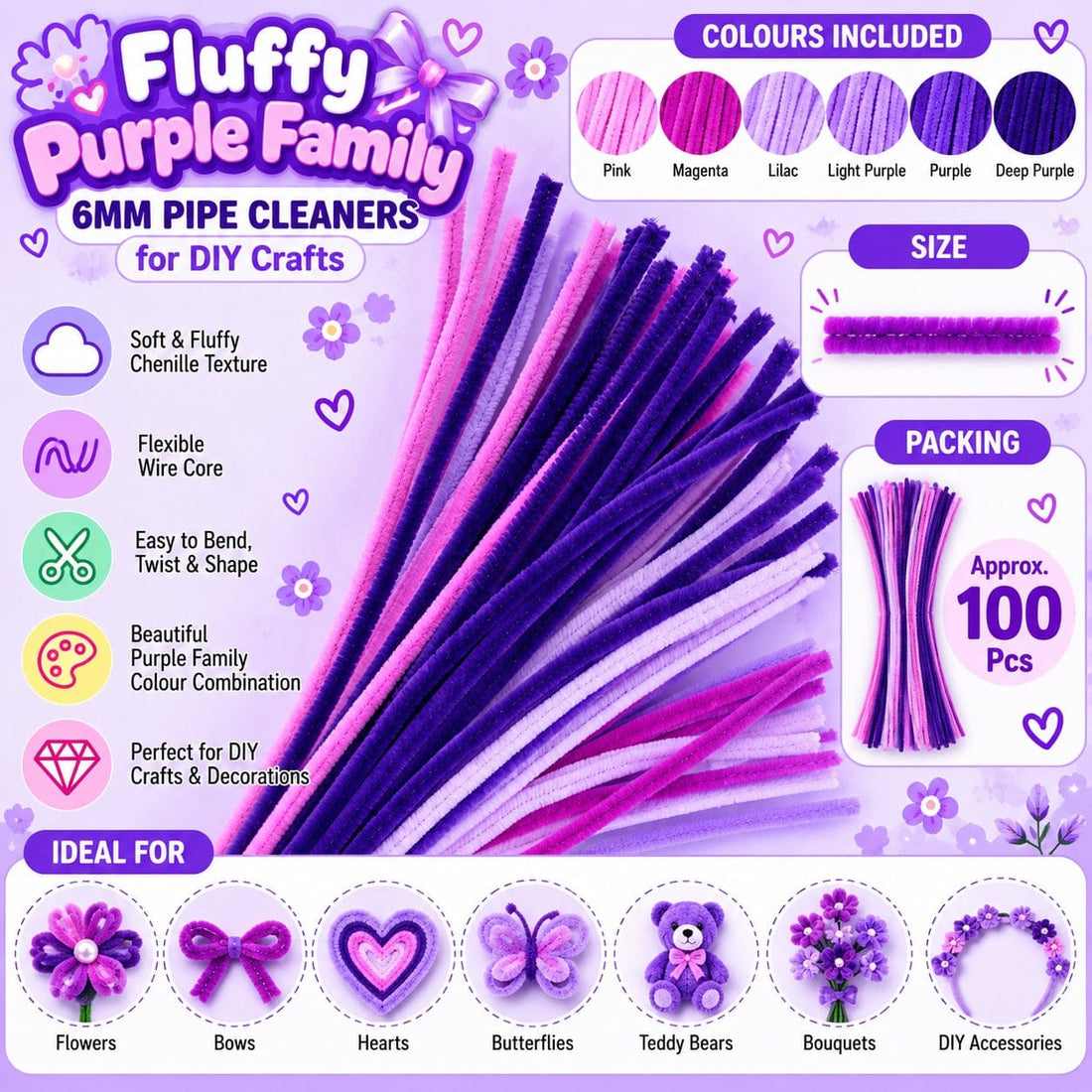 Pipe Cleaner Plain 100pcs (Fluffy Purple Family)