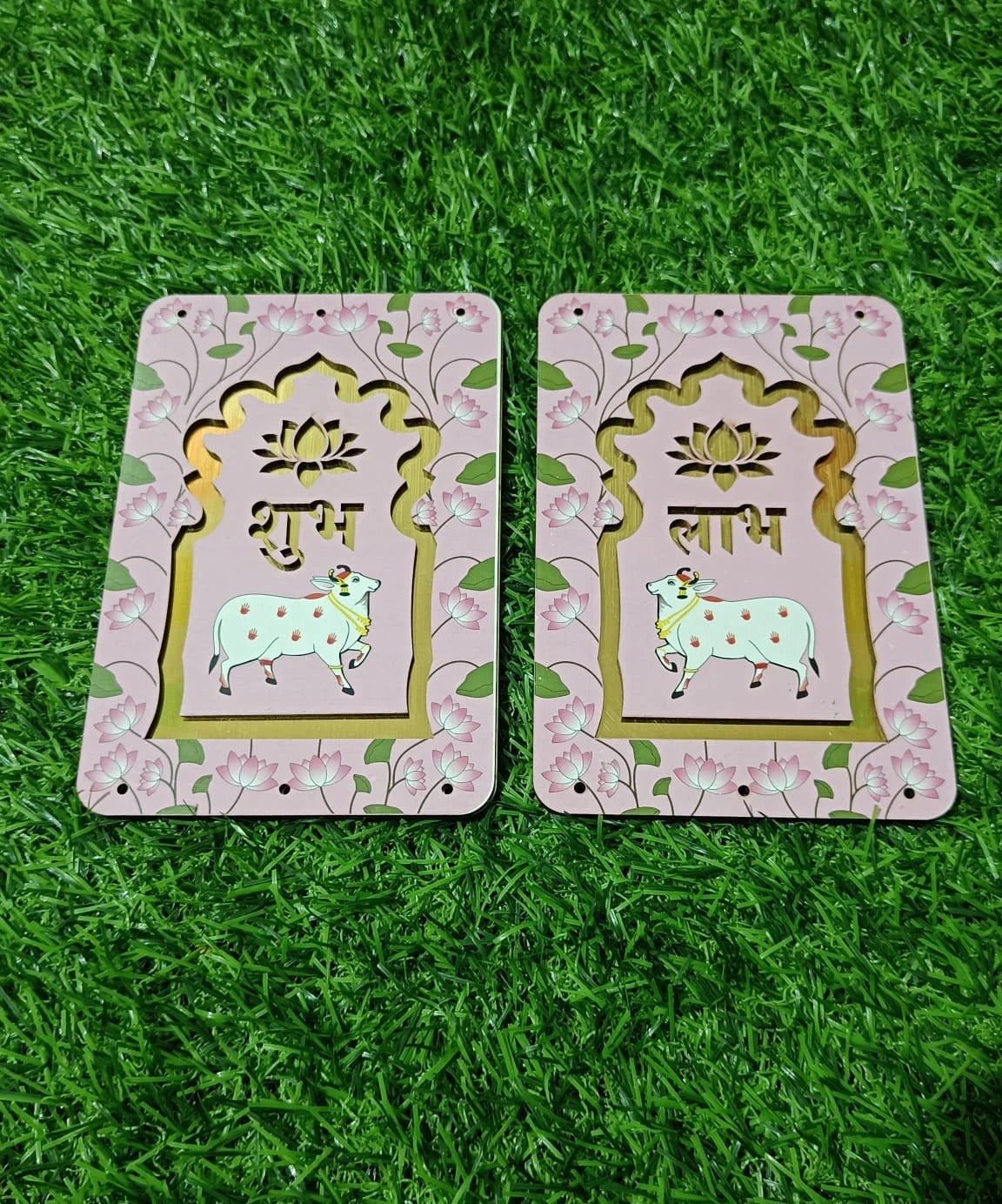MDF Shubh Labh Hanging — Printed (Pink 1 Pair)