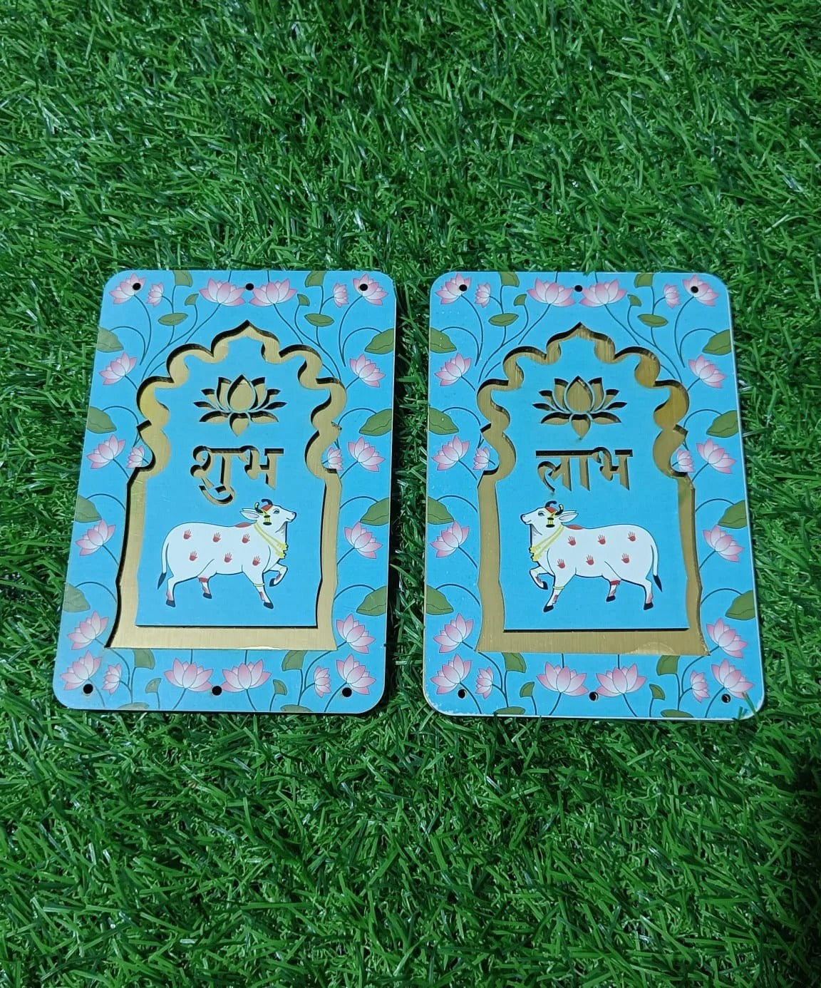 MDF Shubh Labh Hanging — Printed (Sky Blue 1 Pair)