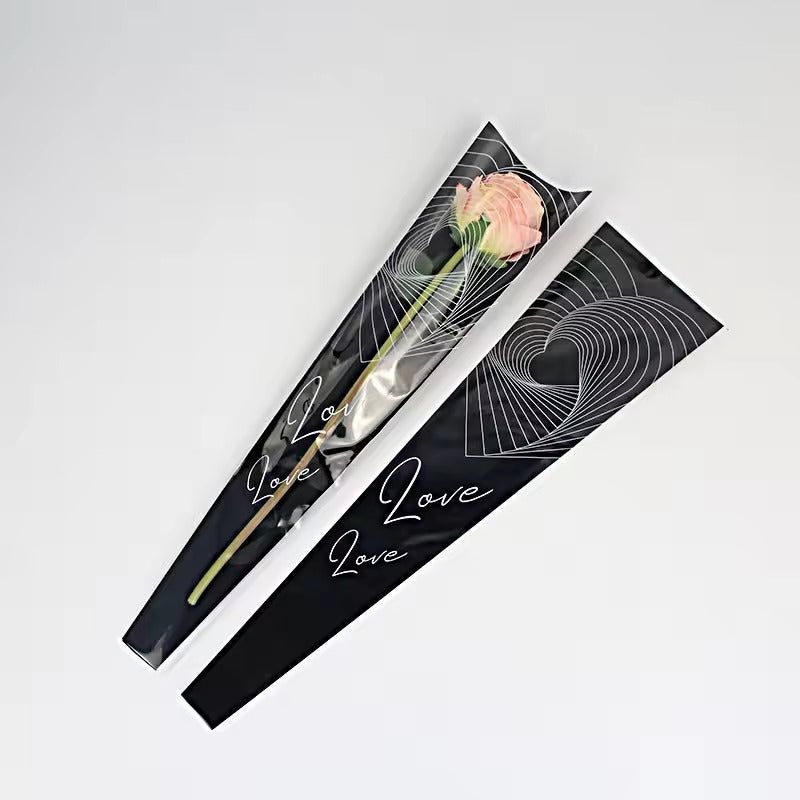 Love you" Wavy  Single Flower Packaging Sleeve — Black (Pack of 50)