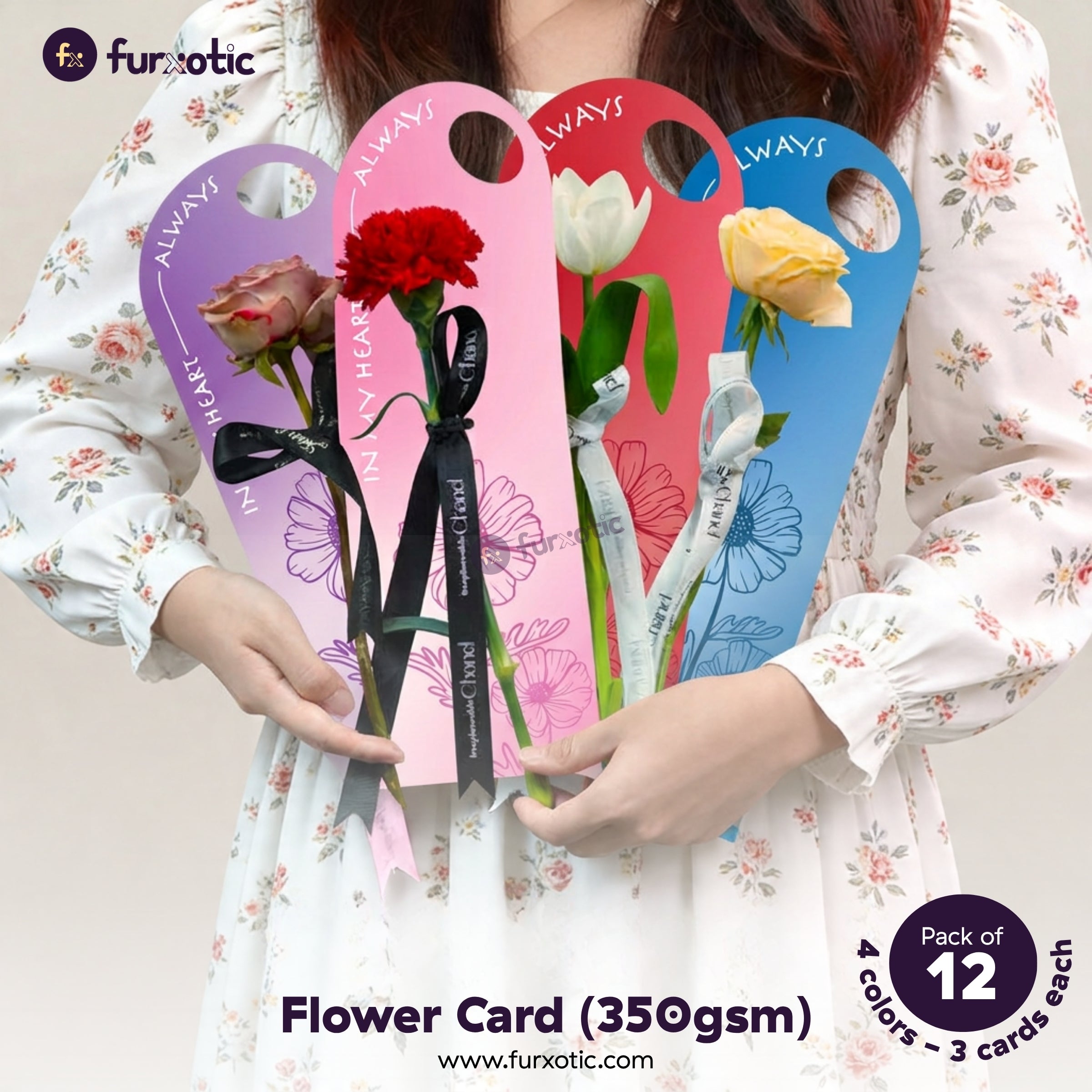 "In My Heart Always" Flower Card | Pack of 12 (4 Colors)