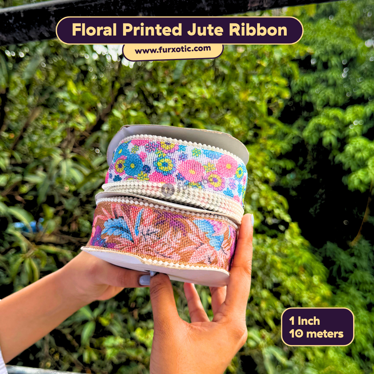 Floral Printed Jute Ribbon with Pearl Edge (1 Inch x 10 Metres)
