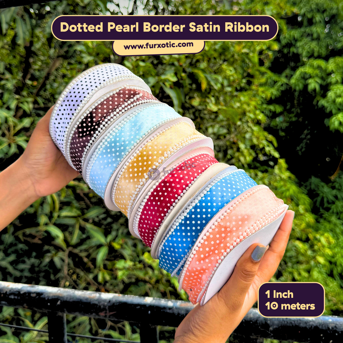 Dotted Pearl Border Satin Ribbon (1 Inch x 10 Metres)