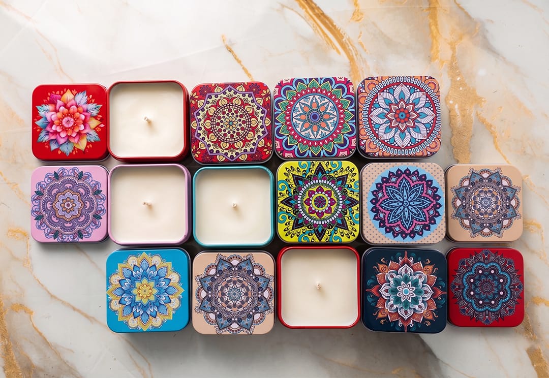 12 Pcs Square Shape Mandala Patten Tin Jar - 2 - Furxotic