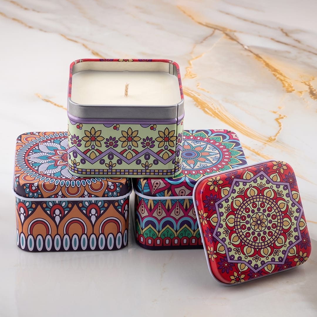 12 Pcs Square Shape Mandala Patten Tin Jar - 1 - Furxotic