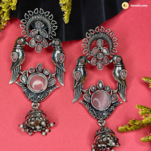 Long Silver Oxidised Earring With Bird Design With Peach Pink Stone