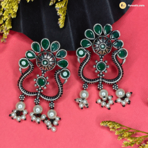 Traditional Oxidised Earring With Green Color Kundan With Peacock