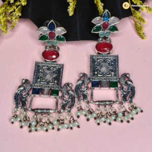 Multi Color Stone Long Jhumka With Mini Peacock