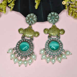 Silver look Alike Dual Tone Oxidized Earring With Mint Green Stone