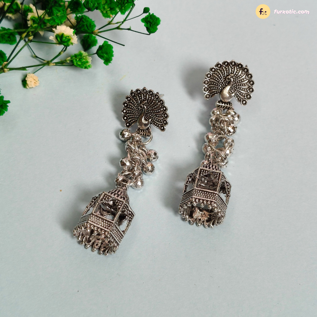 Oxidised PeacockJhumka With Cage