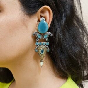 Blue Stone Antique Dual Tone Earring