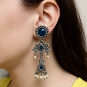 Long Dangler Earring With Black And Blue Stone Oxidised Jhumka(Random Color)