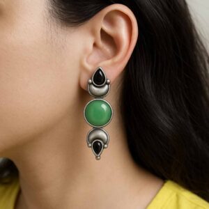 Ethnic Earring With Green Stone Oxidized